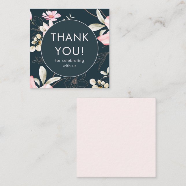Beautiful Blush Floral Pattern Blue Thank You Card (Front/Back)