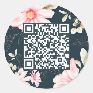 Beautiful Blush Floral QR Code Dark Blue Classic Round Sticker