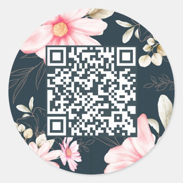 Beautiful Blush Floral QR Code Dark Blue Classic Round Sticker (Front)