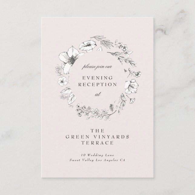 Beautiful Blush Floral Sketched Wreath Reception Enclosure Card (Front)