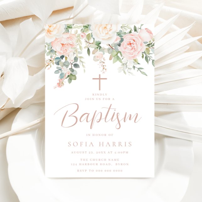 Beautiful Blush Flowers Baby Girls Baptism Invitation (Creator Uploaded)