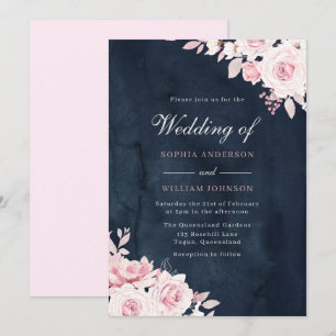 Beautiful Blush Flowers & Navy Watercolor Wedding Invitation