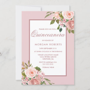 Beautiful Blush Flowers Quinceanera Party Invite