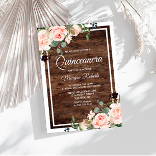 Beautiful Blush Flowers & Rustic Wood Quinceanera Invitation