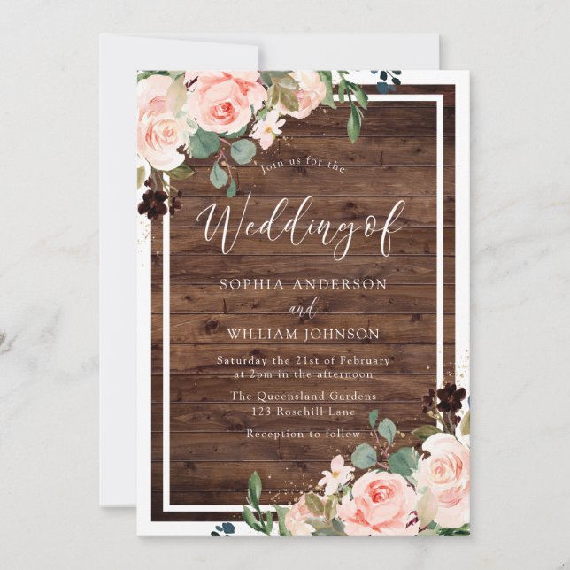 Beautiful Blush Flowers & Rustic Wood Wedding Invitation (Front)