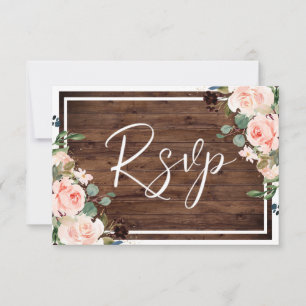 Beautiful Blush Flowers & Rustic Wood Wedding RSVP Card