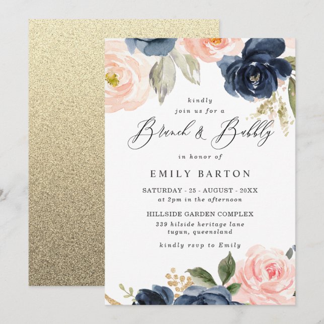 Beautiful Blush Navy Bridal Shower Brunch & Bubbly Invitation (Front/Back)
