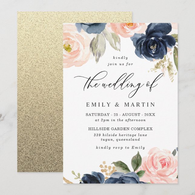 Beautiful Blush & Navy Floral Spring Wedding Invitation (Front/Back)