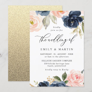 Beautiful Blush & Navy Floral Spring Wedding Invitation