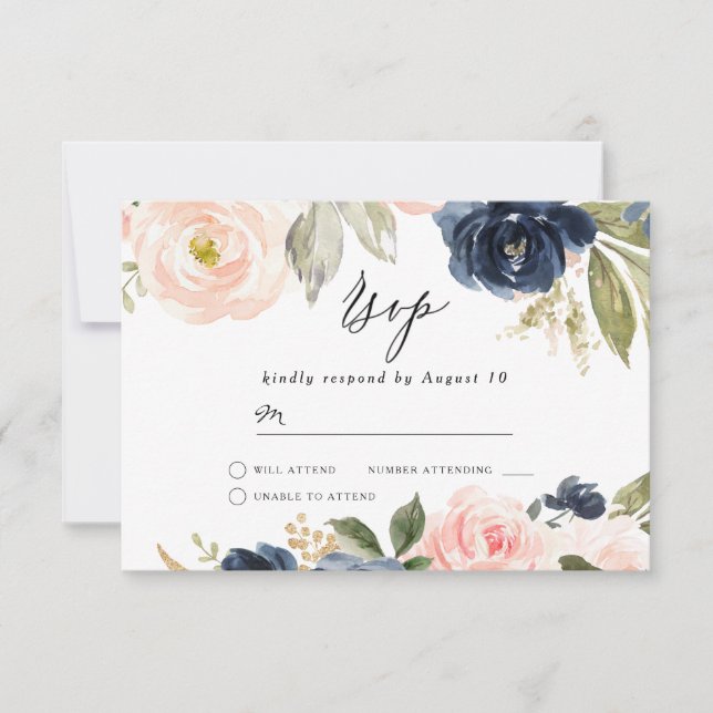 Beautiful Blush & Navy Floral Spring Wedding RSVP Card (Front)