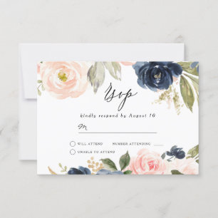 Beautiful Blush & Navy Floral Spring Wedding RSVP Card