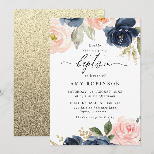Beautiful Blush & Navy Flowers Boy Girl Baptism Invitation (Front/Back)