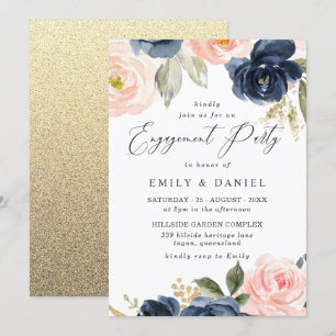 Beautiful Blush & Navy Flowers Engagement Party Invitation