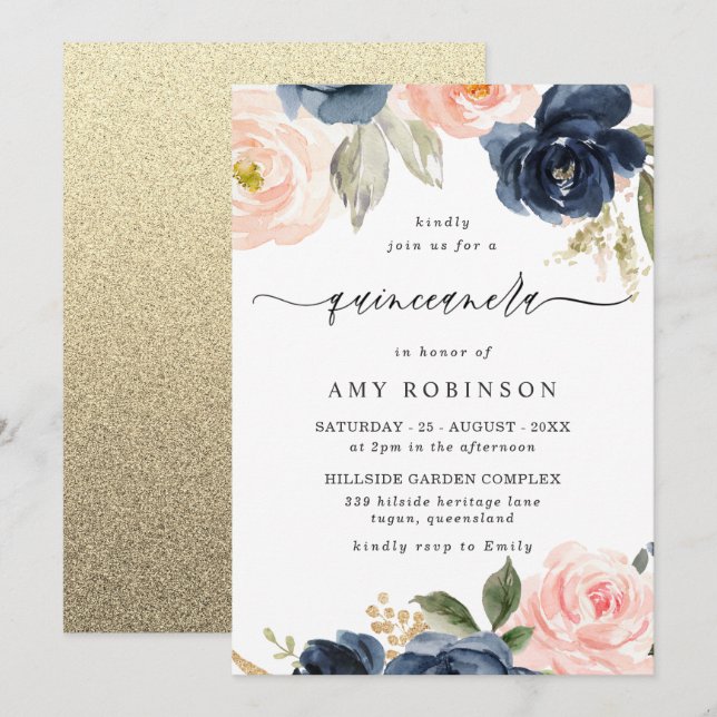 Beautiful Blush & Navy Flowers Quinceanera Party Invitation (Front/Back)
