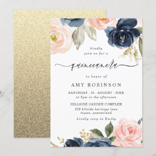 Beautiful Blush & Navy Flowers Quinceanera Party Invitation