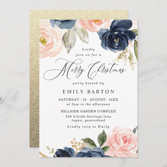 Beautiful Blush & Navy Merry Christmas Party Invitation (Front/Back)