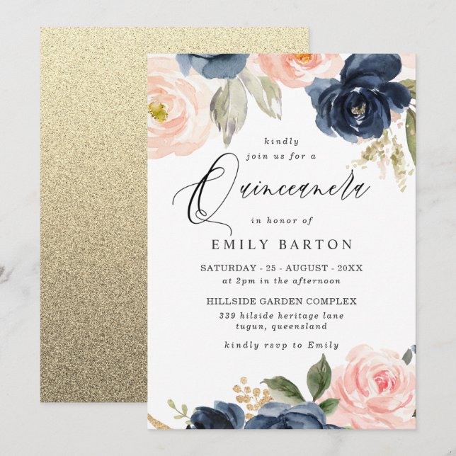 Beautiful Blush Navy Quinceanera 15th Birthday Invitation (Front/Back)