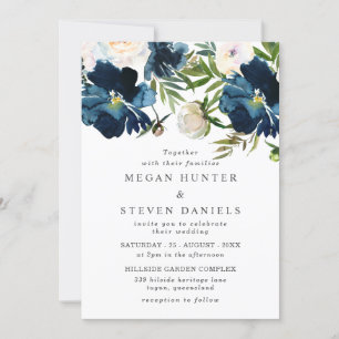 Beautiful Blush & Navy Watercolor Flowers Wedding Invitation