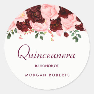 Beautiful Blush Pink Burgundy Floral Quinceanera Classic Round Sticker