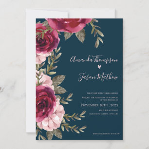 Beautiful Blush Pink  Burgundy Floral Wedding Invitation