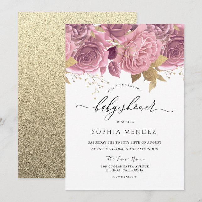 Beautiful Blush Pink Floral Gold Baby Shower Invitation (Front/Back)