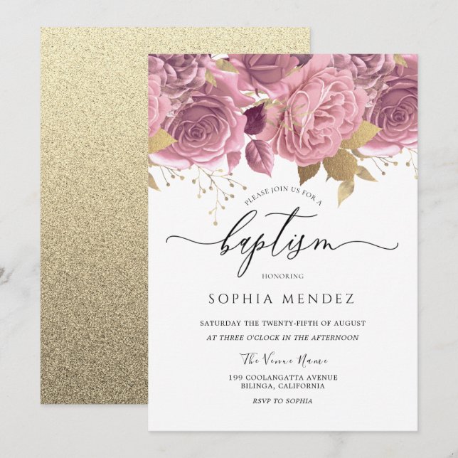 Beautiful Blush Pink Floral Gold Girls Baptism Invitation (Front/Back)