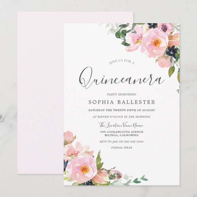 Beautiful Blush Pink Flowers Quinceanera Party Invitation (Front/Back)