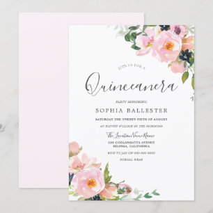 Beautiful Blush Pink Flowers Quinceanera Party Invitation