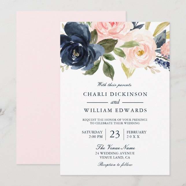 Beautiful Blush Pink & Navy Spring Wedding Invitation (Front/Back)