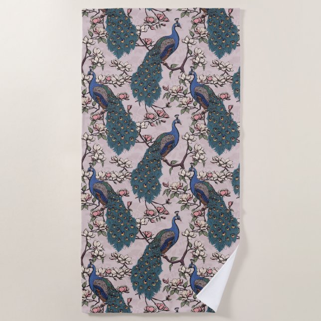 Beautiful Blush Pink Peacocks and Magnolia Flowers Beach Towel (Front)