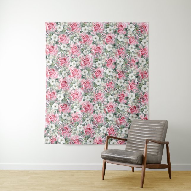 Beautiful Blush Pink Rose Eucalyptus Backdrop Tapestry (In Situ)