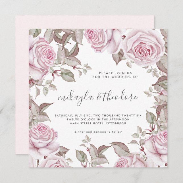 Beautiful Blush Pink Watercolor Roses Wedding Invitation (Front/Back)