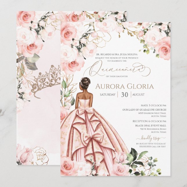 Beautiful Blush Rose Pretty Pink Gown Quinceanos Invitation (Front/Back)