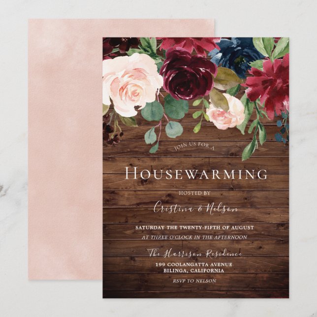 Beautiful Blush Rustic Burgundy Housewarming Party Invitation (Front/Back)