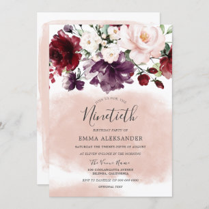 Beautiful Blush Watercolor Botanical 90th Birthday Invitation