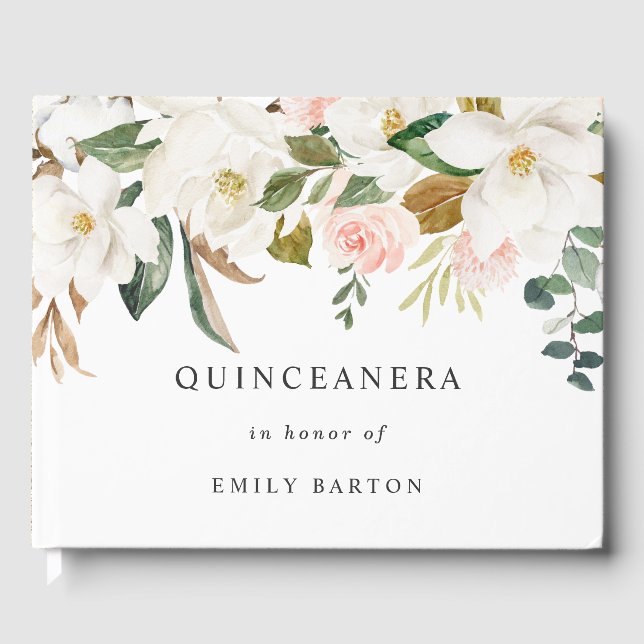 Beautiful Blush & White Floral Quinceanera Party Guest Book (Front)