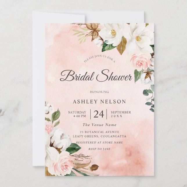Beautiful Blush & White Flowers Bridal Shower Invitation (Front)
