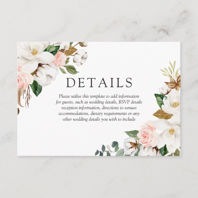 Beautiful Blush & White Flowers Wedding Details Enclosure Card (Front)