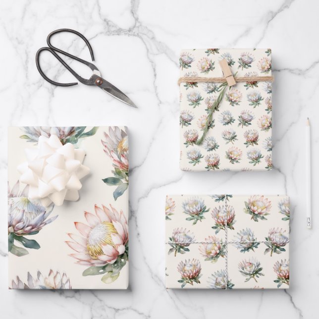 Beautiful blush white king protea flower pattern wrapping paper sheet (Front)
