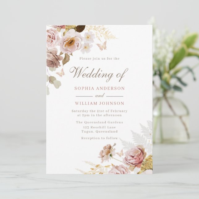 Beautiful Blush White Rose Flowers Wedding Invitation (Standing Front)