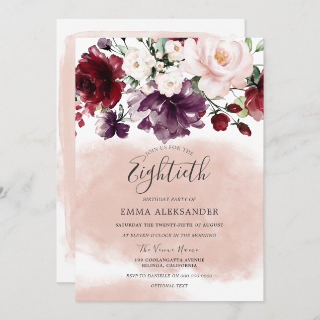 Beautiful Blush Womans 80th Birthday Party Invitation (Front/Back)