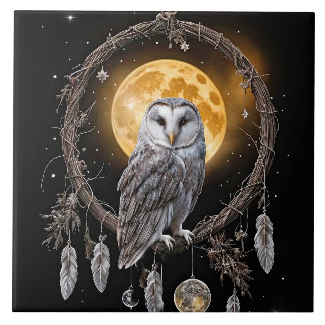 Beautiful Bohemian Dreamcatcher Owl Tile (Front)