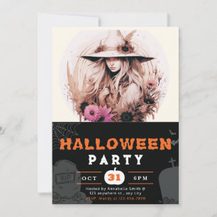 Beautiful Bohemian Witch Hat Flowers Halloween Invitation