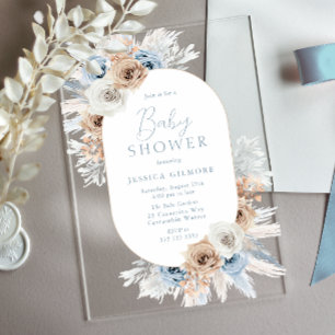Beautiful Boho Blue Floral Baby Shower Acrylic Invitations