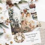 Beautiful Boho Christmas Year in Review Holiday Card<br><div class="desc">This beautiful boho style holiday card features your photo, a neutral colour Christmas wreath and sample text that reads: May your holidays be merry and bright. The back of the card features a neutral background with space for an update on your family and three small ornaments. Click "Personalise this Template"...</div>