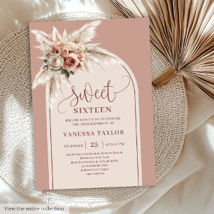 Beautiful Boho Dusty Pink Pampas Floral Arch 16th Invitation