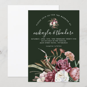 Beautiful Boho Floral Dark Green Wedding Invitation