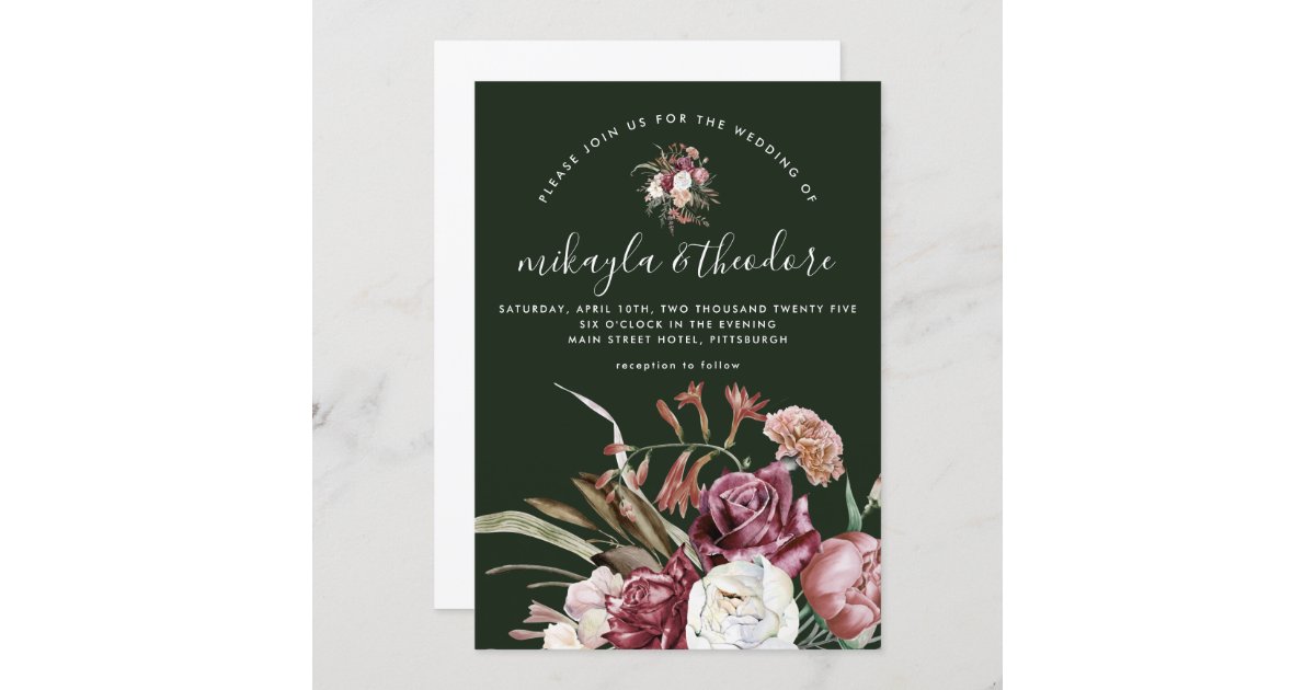 Beautiful Boho Floral Dark Green Wedding Invitation