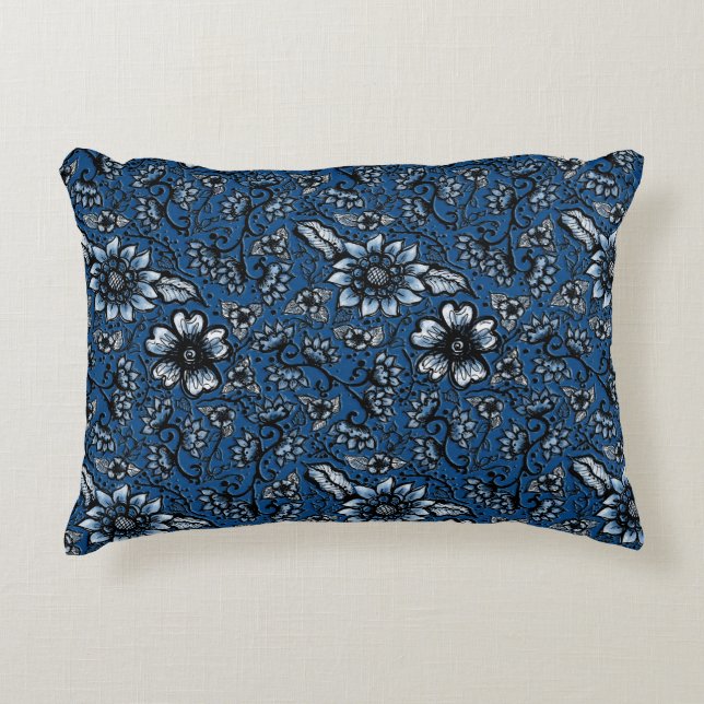 Beautiful Boho Flowers | Classic Blue Decorative Cushion (Front)