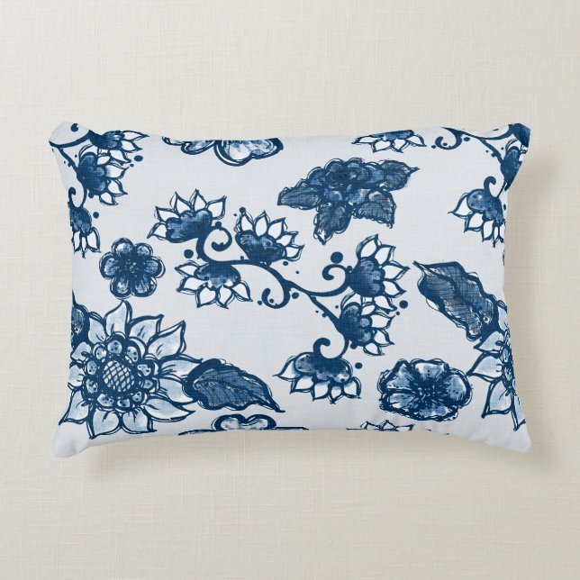 Beautiful Boho Flowers | Large Classic Blue Decorative Cushion (Front)